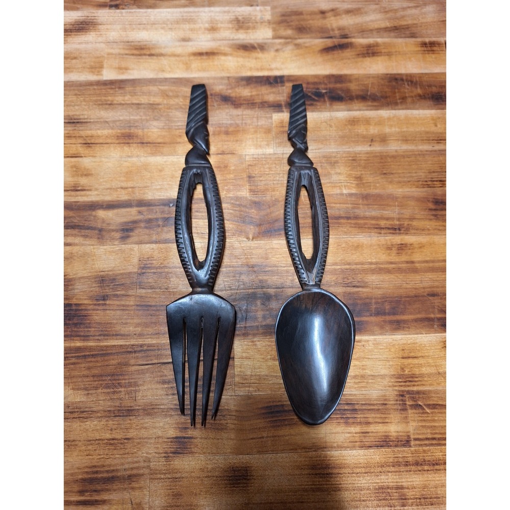 Vintage Hand Carved Wooden Fork And Spoon Couples Face Wall Art Set 13'